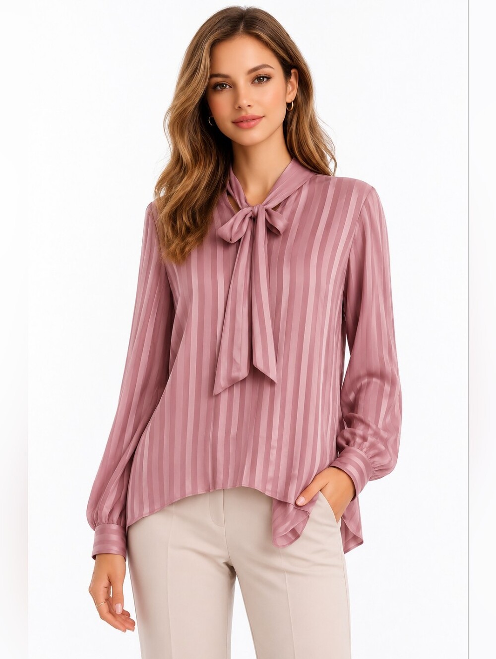 cha cha vente Mauve Pink Satin Tie-Neck Stripe Blouse Size M